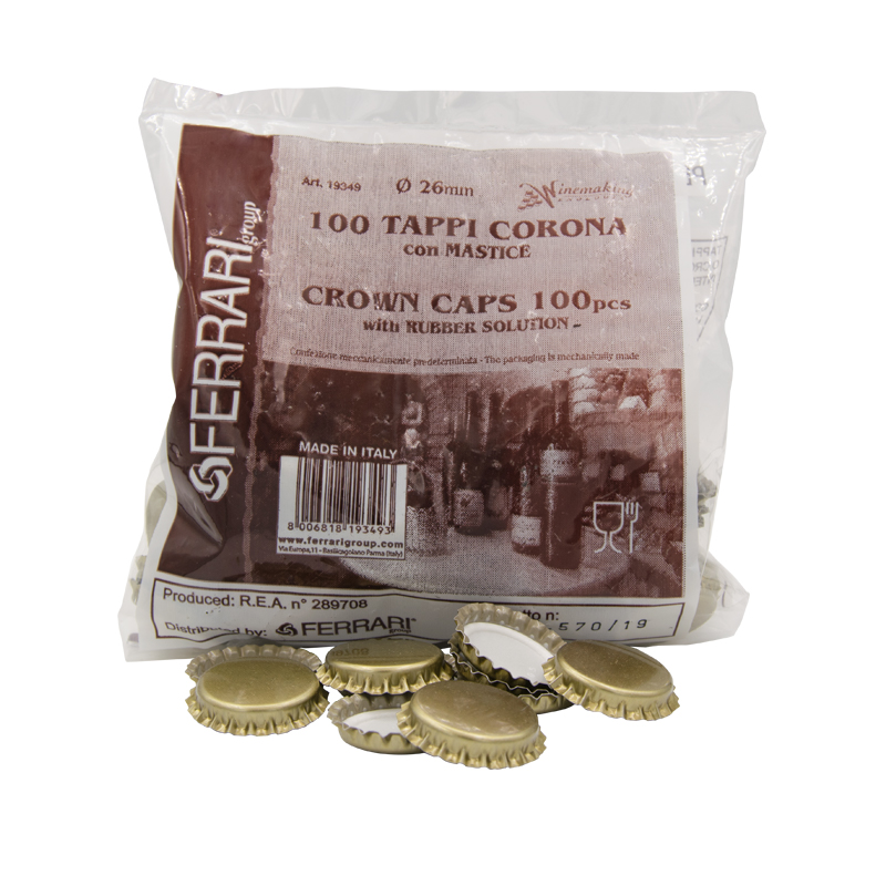 Tappi a Corona, misura 26 mm. Disponibili in singola confezione da 100 Pezzi. Tappi a Corona, misura 26 mm. Disponibili in singola confezione da 100 Pezzi.