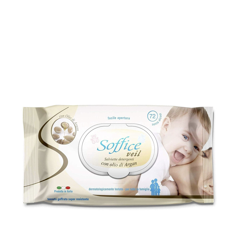 Salviette per l'igiene dei Bambini senza alcol e Parabeni con Olio di Argan; Disponibili in 6 Confezioni da 72 salviette per un totale di 432 salviette. Salviette per l'igiene dei Bambini senza alcol e Parabeni con Olio di Argan; Disponibili in 6 Confezioni da 72 salviette per un totale di 432 salviette.