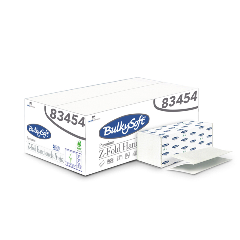Asciugamani di carta in pura cellulosa piegati a Z; disponibili in singola confezione da 3750 pezzi. Asciugamani di carta in pura cellulosa piegati a Z; disponibili in singola confezione da 3750 pezzi.