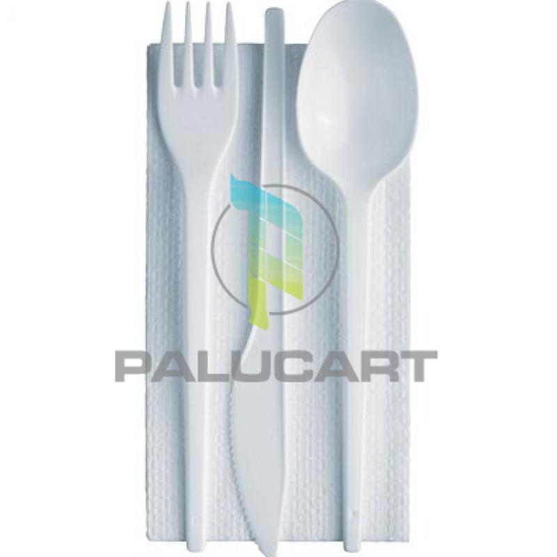 Tris di Posate monouso da 16 cm., composte da Forchetta, Cucchiaio e Coltello, con l'aggiunta del tovagliolo. Il prezzo comprende l'acquisto di 100 Confezioni Tris di Posate monouso da 16 cm., composte da Forchetta, Cucchiaio e Coltello, con l'aggiunta del tovagliolo. Il prezzo comprende l'acquisto di 100 Confezioni