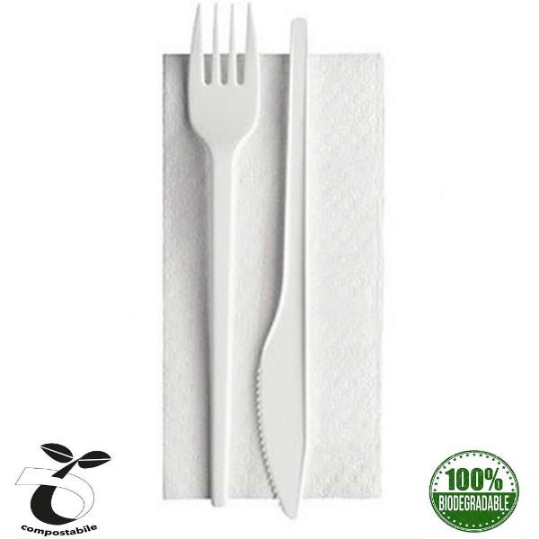 Set posate bis biodegradabili in CPLA forchetta e coltello con tovagliolo i2 veli imbustate singolarmente 100 pezzi Set posate bis biodegradabili in CPLA forchetta e coltello con tovagliolo i2 veli imbustate singolarmente 100 pezzi