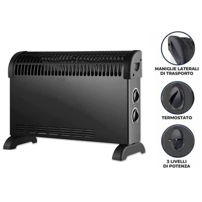 Stufa termoconvettore elettrico a basso consumo con 3 livelli di potenza (750W-1050W-1800W) mis. 52,5x17x32,5 cm - NERO