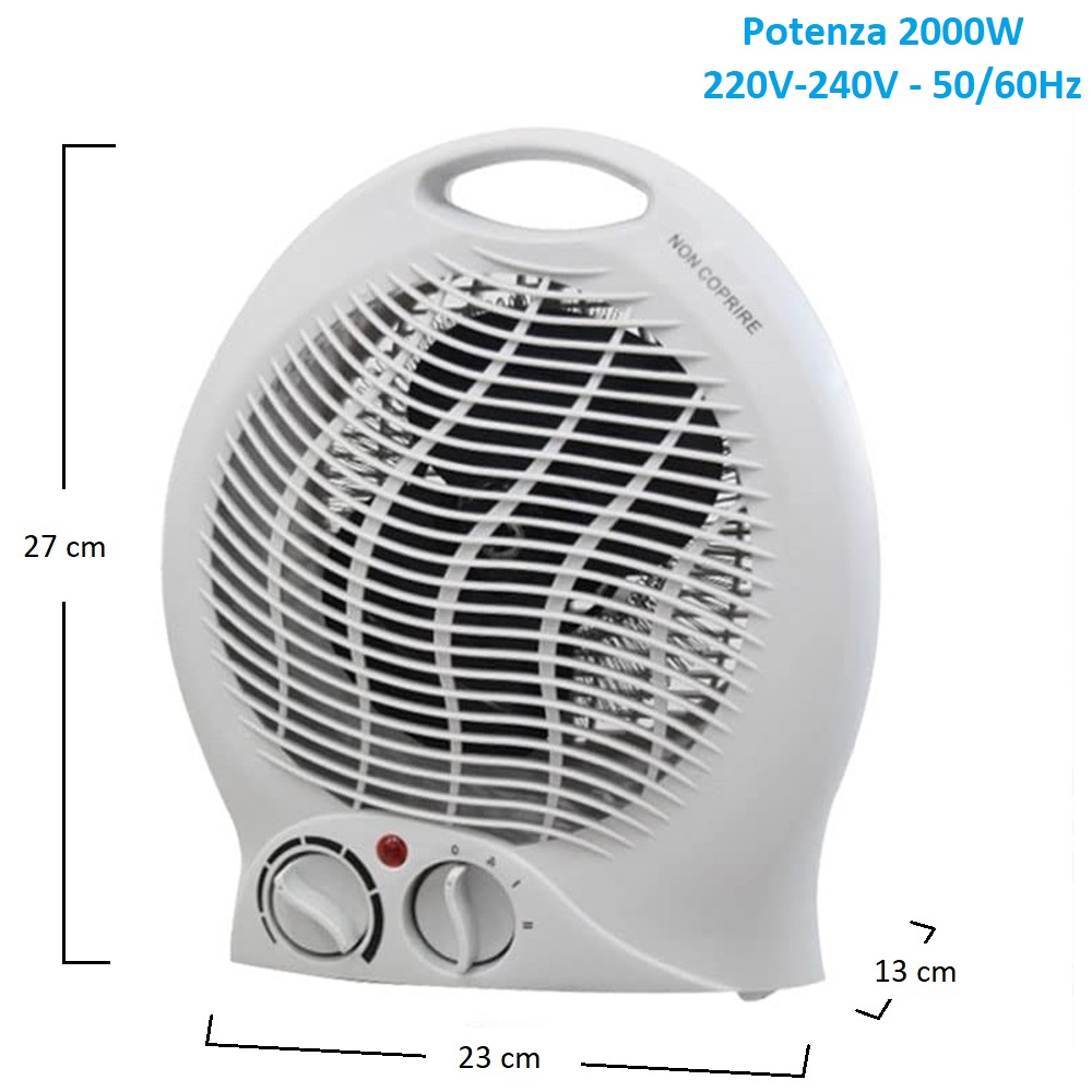 Termoventilatore da bagno portatile con 2 livelli di potenza (1000W a 2000W) e funzione caldo e freddo 23x13x27cm - BIANCO