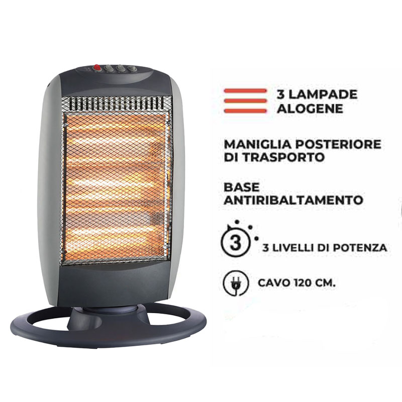 Stufa alogena basso consumo Sole con oscillazione automatica con tre livelli di potenza (400W-800W-1200W) - Grigio