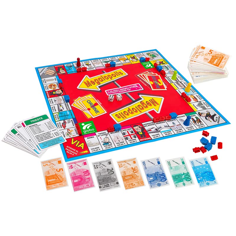 Gioco da Tavola MEGALOPOLIS - Gioco di società in scatola da 2 a 8 giocatori con tabellone illustrativo, dadi, pedine, banconote - Adatto ai bambini da 6 anni in su