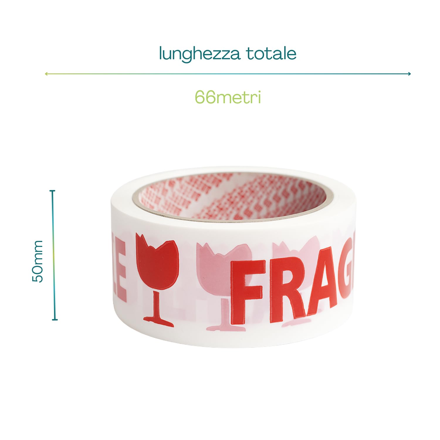 6 Rotoli di Nastri adesivo FRAGILE per imballaggio da 50 mm x 66 metri - Nastro bianco con stampa rossa