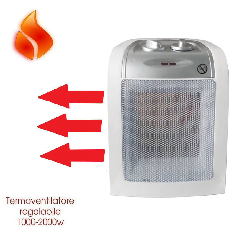 Termoventilatore ceramico portatile mis. 12x17x24 cm con 2 livelli di potenza (750W-1500W) e funzione caldo e freddo - BIANCO