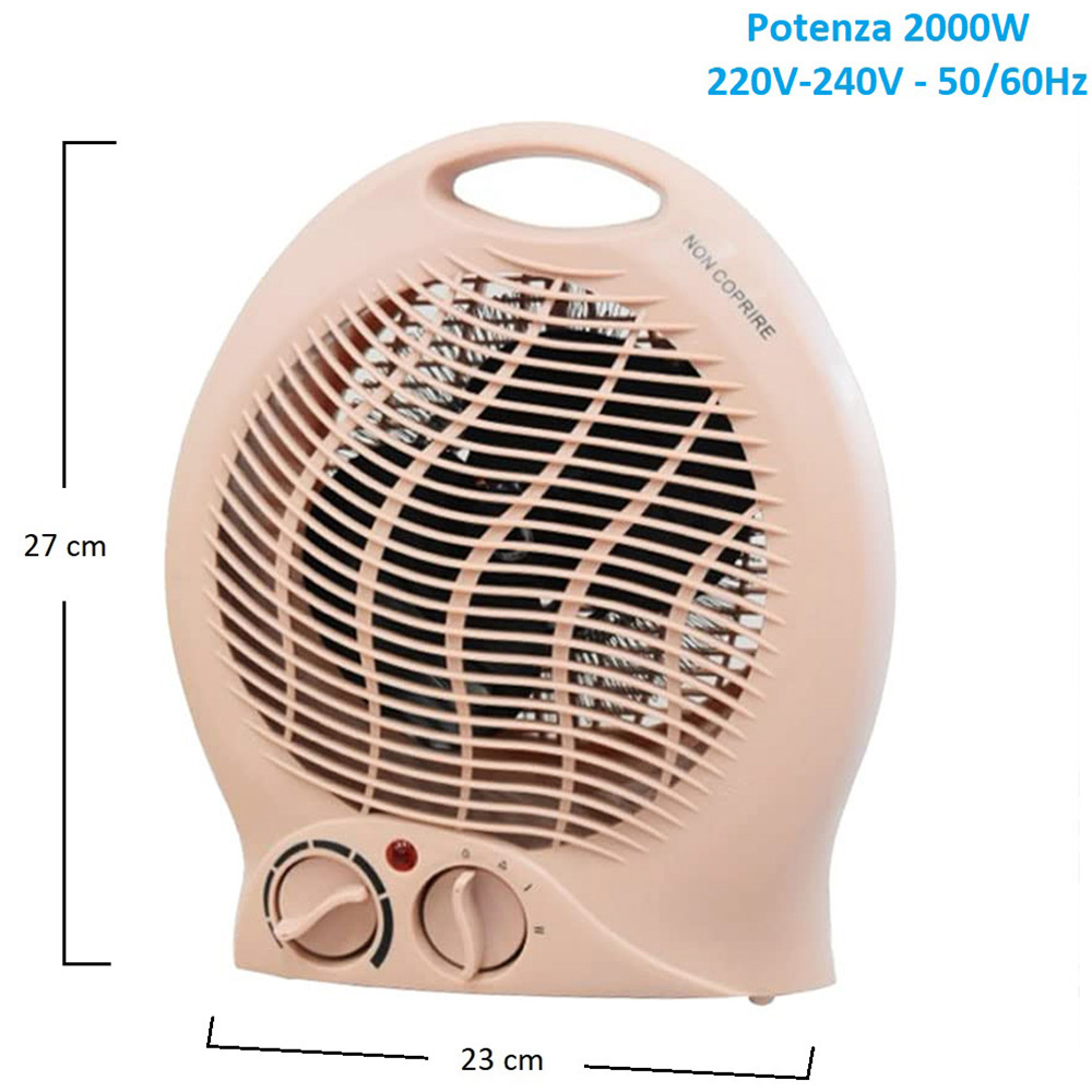 Termoventilatore da bagno portatile con 2 livelli di potenza (1000W a 2000W) e funzione caldo e freddo 23x13x27cm - ROSA SHABBY