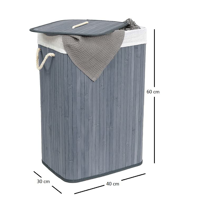 Cesto Portabiancheria sporca con mis. 40x30x60 cm - Cesto in Bambù con 1 scomparto e coperchio - Capacità 72 Litri - Grigio
