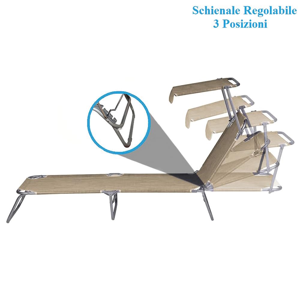 VIRSUS 2 Lettini Prendisole Pieghevoli con Tetto Parasole 3664, Misura 180x55x90 cm, Tessuto Textilene, Struttura Metallo Tubolare da 18mm, per Spiaggia, Piscina, Peso Max 120kg (Grigio) - (F