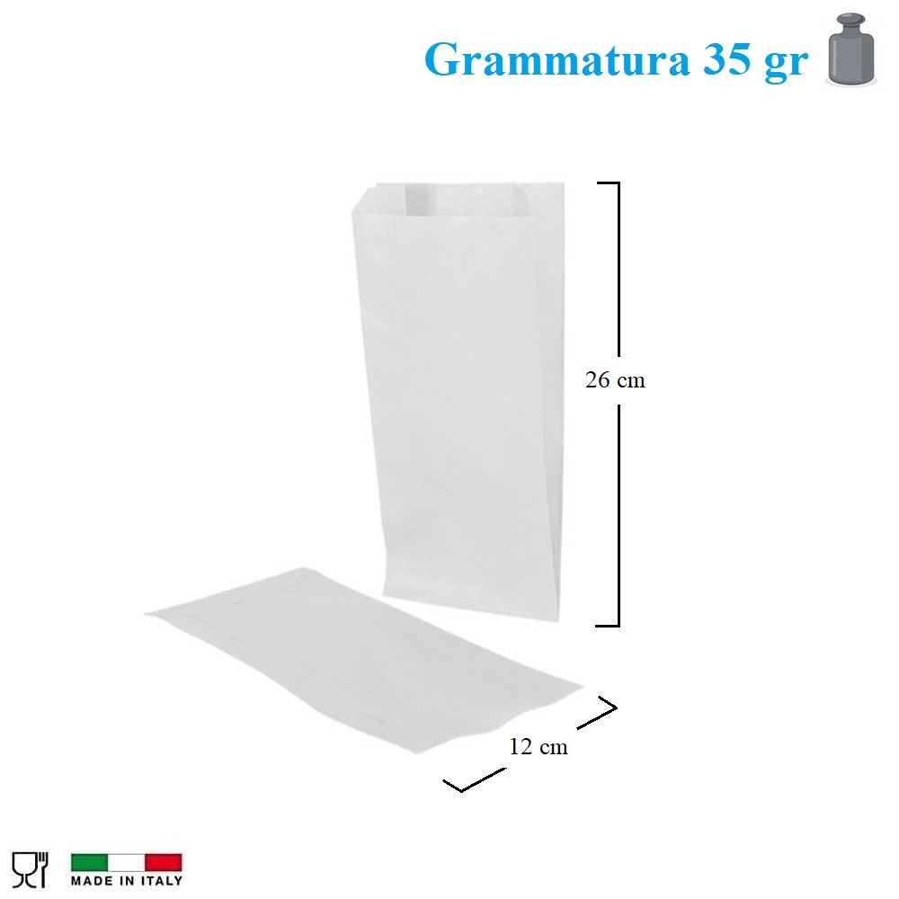 200 Sacchetti di Carta Kraft Bianca da 12x26 cm per il trasporto o il confezionamento degli alimenti