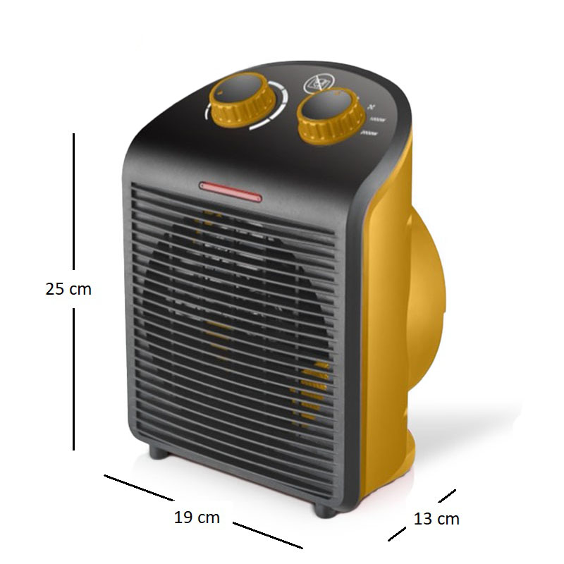 Termoventilatore da bagno portatile HERMES mis. 19x13x25cm con 2 livelli di potenza (1000W-2000W) e funzione caldo e freddo - GIALLO