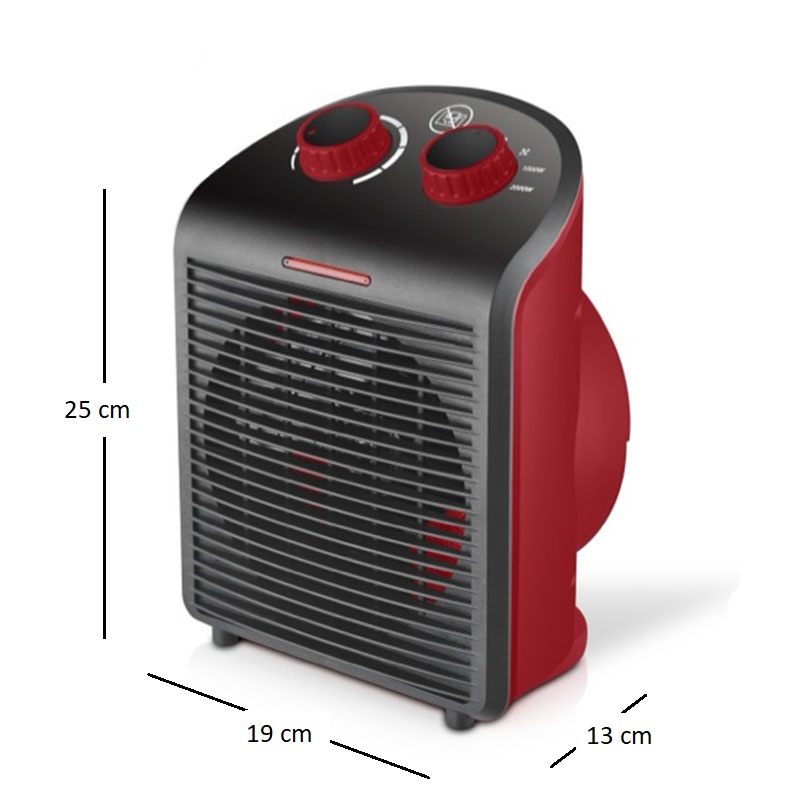 Termoventilatore da bagno portatile HERMES mis. 19x13x25cm con 2 livelli di potenza (1000W-2000W) e funzione caldo e freddo - ROSSO