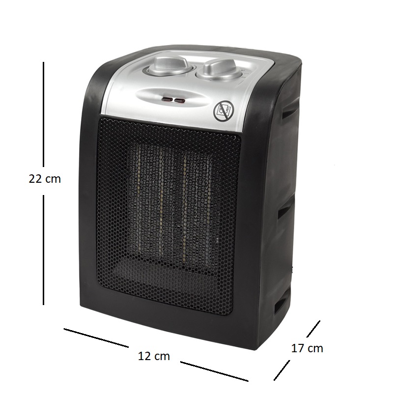 Termoventilatore ceramico portatile mis. 12x17x24 cm con 2 livelli di potenza (750W-1500W) e funzione caldo e freddo - Nero