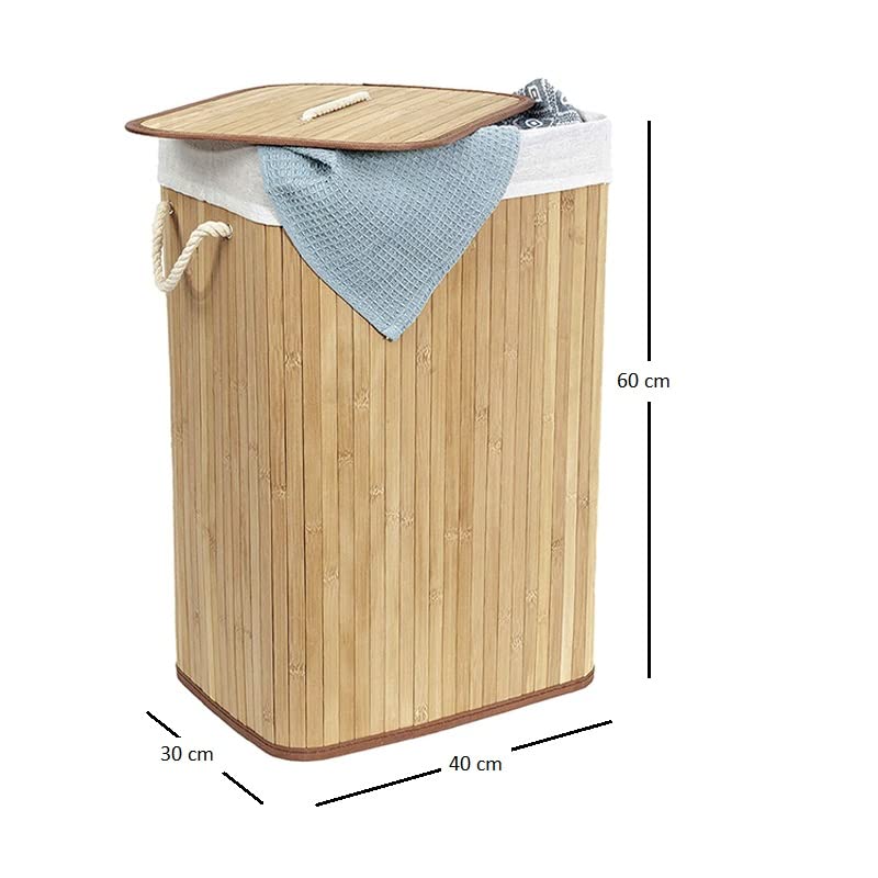 Cesto Portabiancheria sporca con mis. 40x30x60 cm - Cesto in Bambù con 1 scomparto e coperchio - Capacità 72 Litri - Legno Naturale