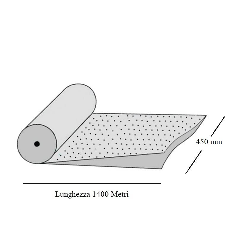 Film termoretraibile Bobina pellicola poliolefina trasparente mono piegata microforata confezionare alimenti, pane. Spessore 14 Micron - 1400 Metri - Fascia 450 mm