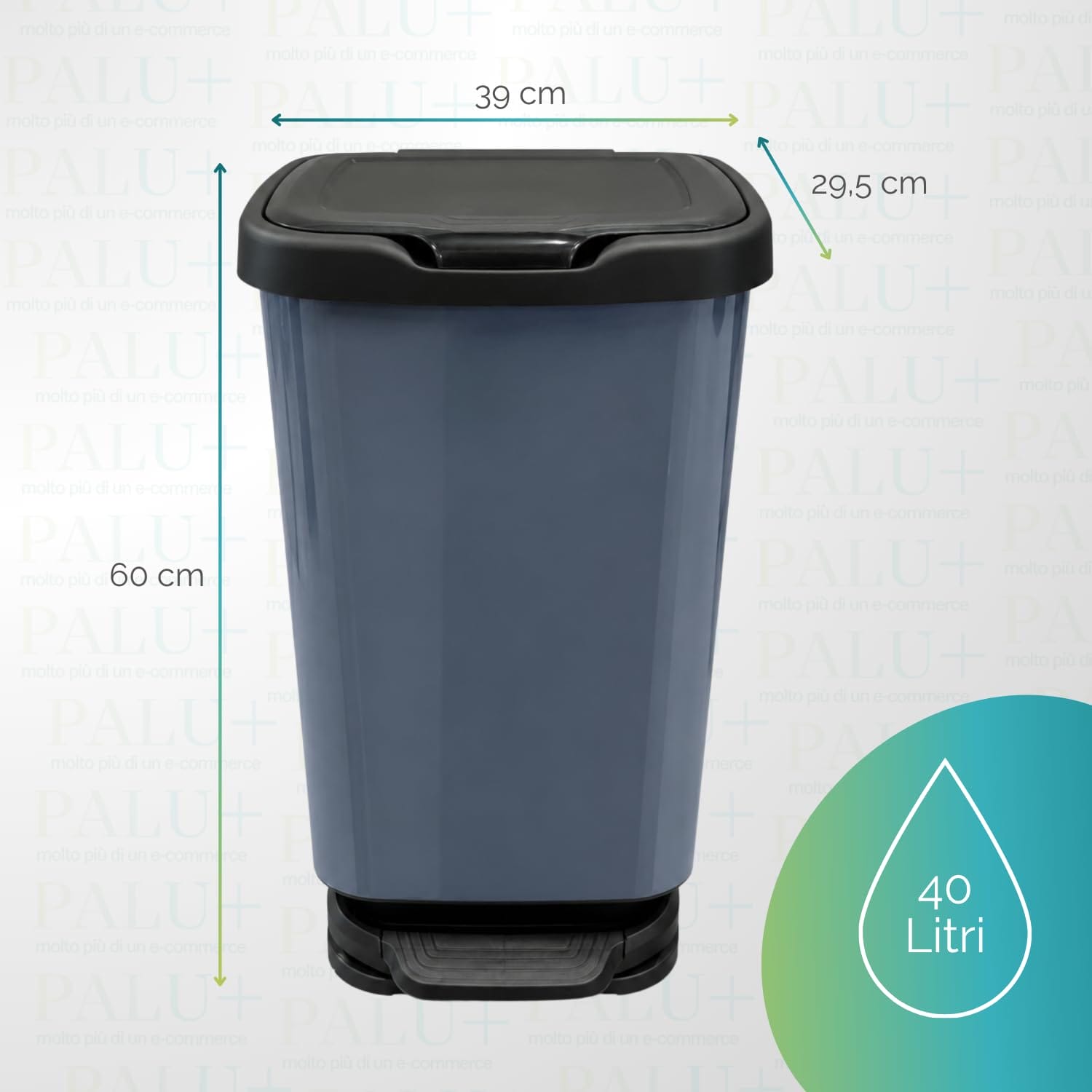 Pattumiera da Cucina in plastica effetto acciaio con pedale - Misura 39x29,5x63 cm - Pedale per apertura automatica e chiusura rallentata - Capacità 40 Litri