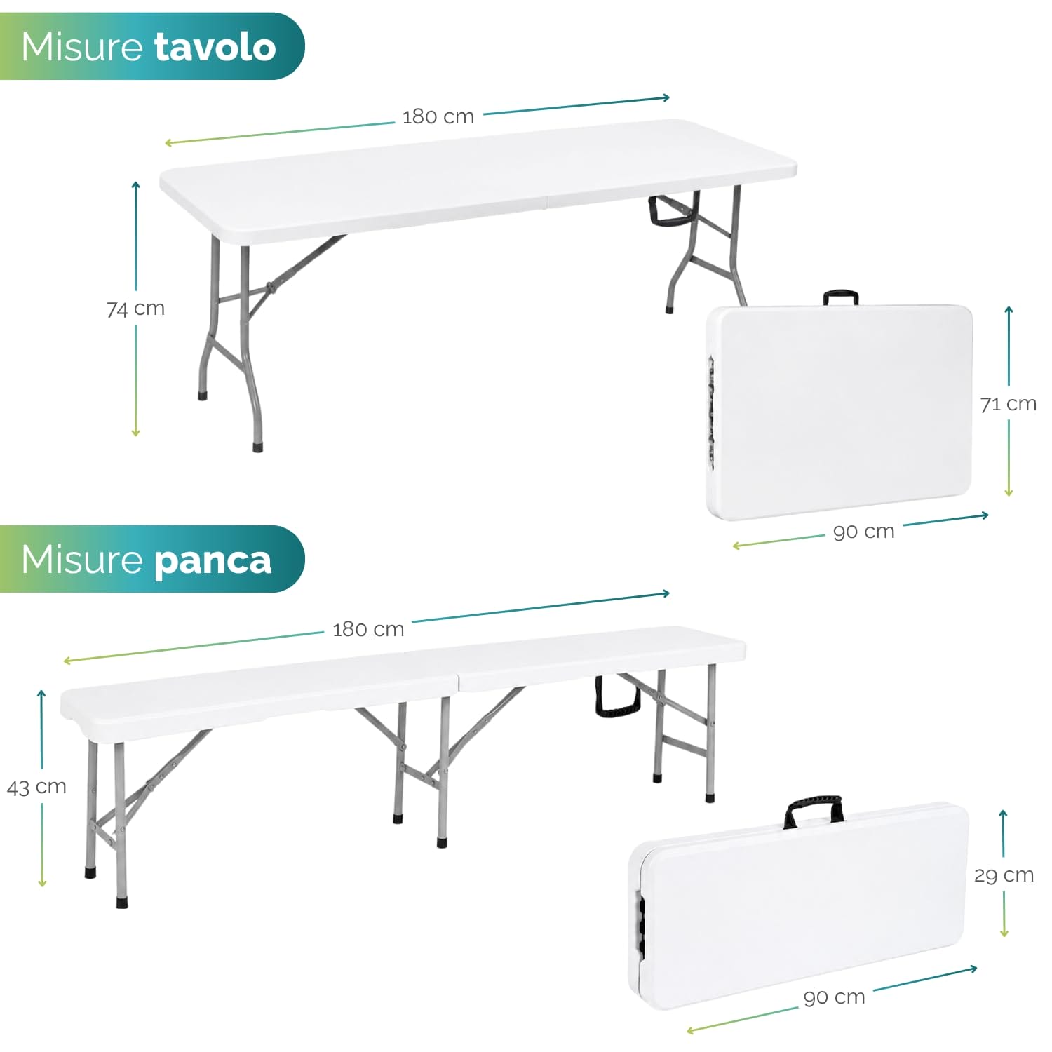 Set Tavolo catering con 2 panche in plastica pieghevoli a valigia - Tavolo da 180x71x74 cm e Panca da 180x29x43 cm - Struttura in resina resistente, ideale per l'esterno, giardino e campeggio - Bianco