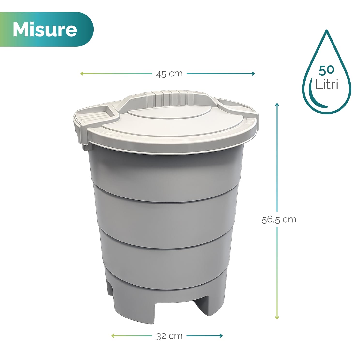 Bidone porta rifiuti da giardino da 50 Litri - Misura 46,3x56,5 cm - chiusira coperchio con rotazione - Colore Grigio Chiaro