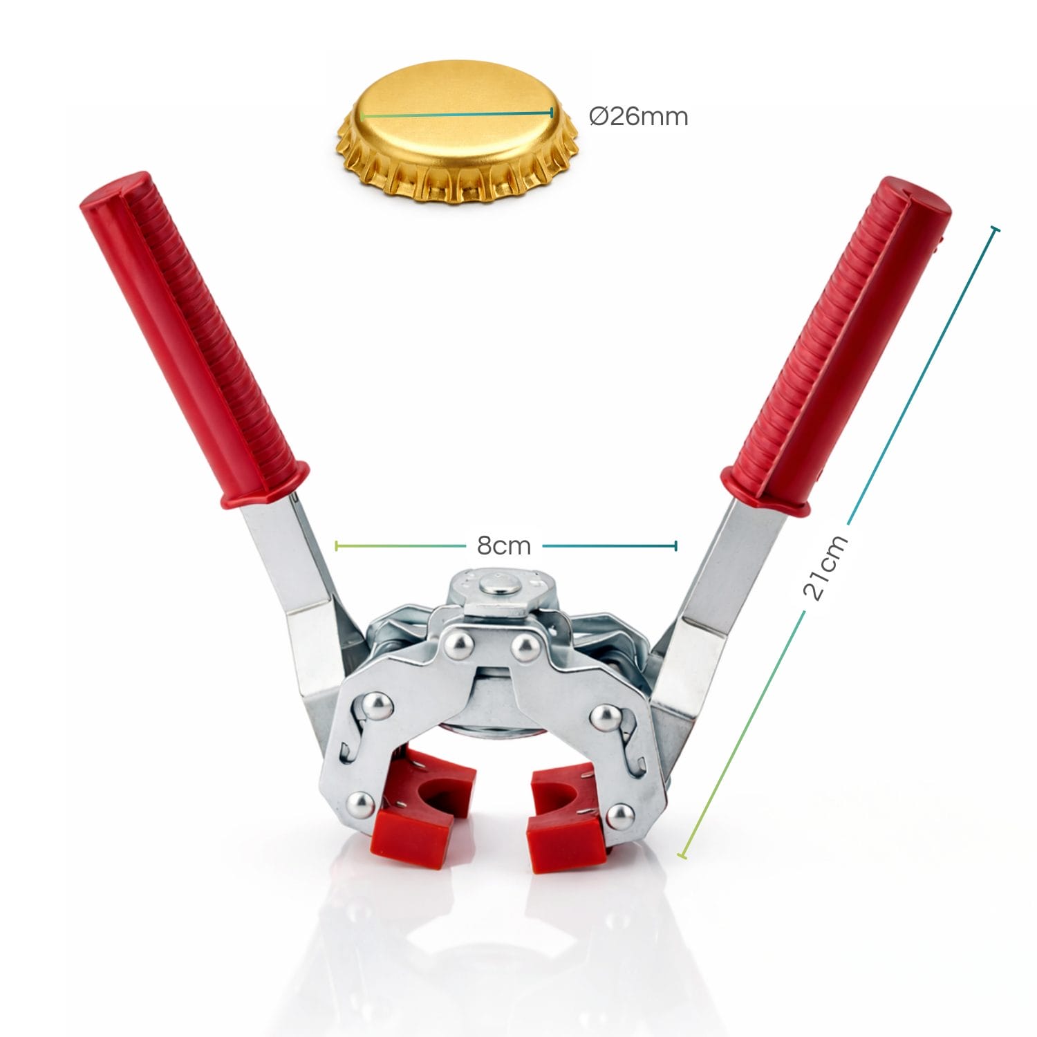 KIT: Tappatrice a due leve per tappi a corona - Capsulatrice per bottiglie con guarnizione in nylon + 100 tappi a corona da 26 mm