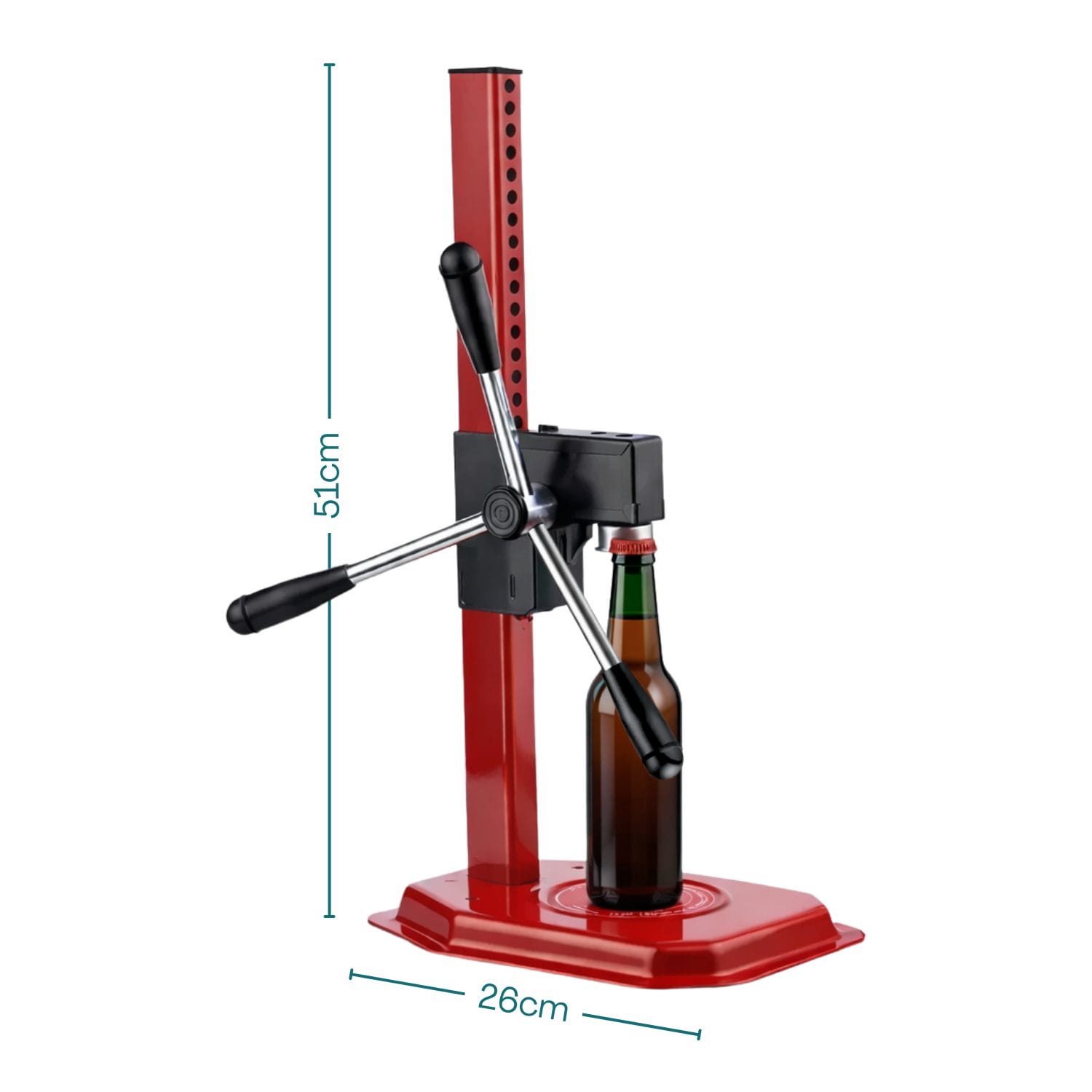 KIT: Tappatrice a colonna a 3 leve per bottiglie mis. 26x51 cm - Tappatrice a cremagliera per tappi corona da 26 mm + 100 tappi